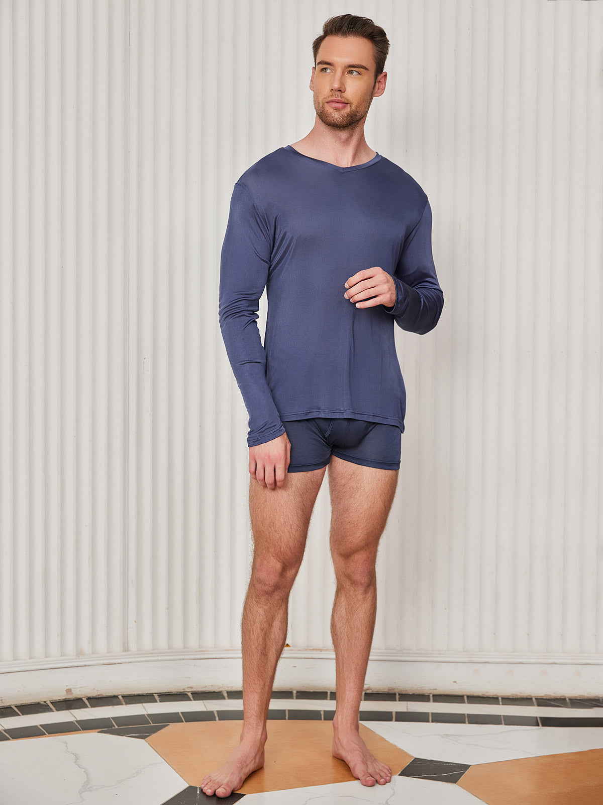 [Dark Blue] SilkSilky-CA Silk Knitted Long Sleeve V Neck Men's T-Shirt 005