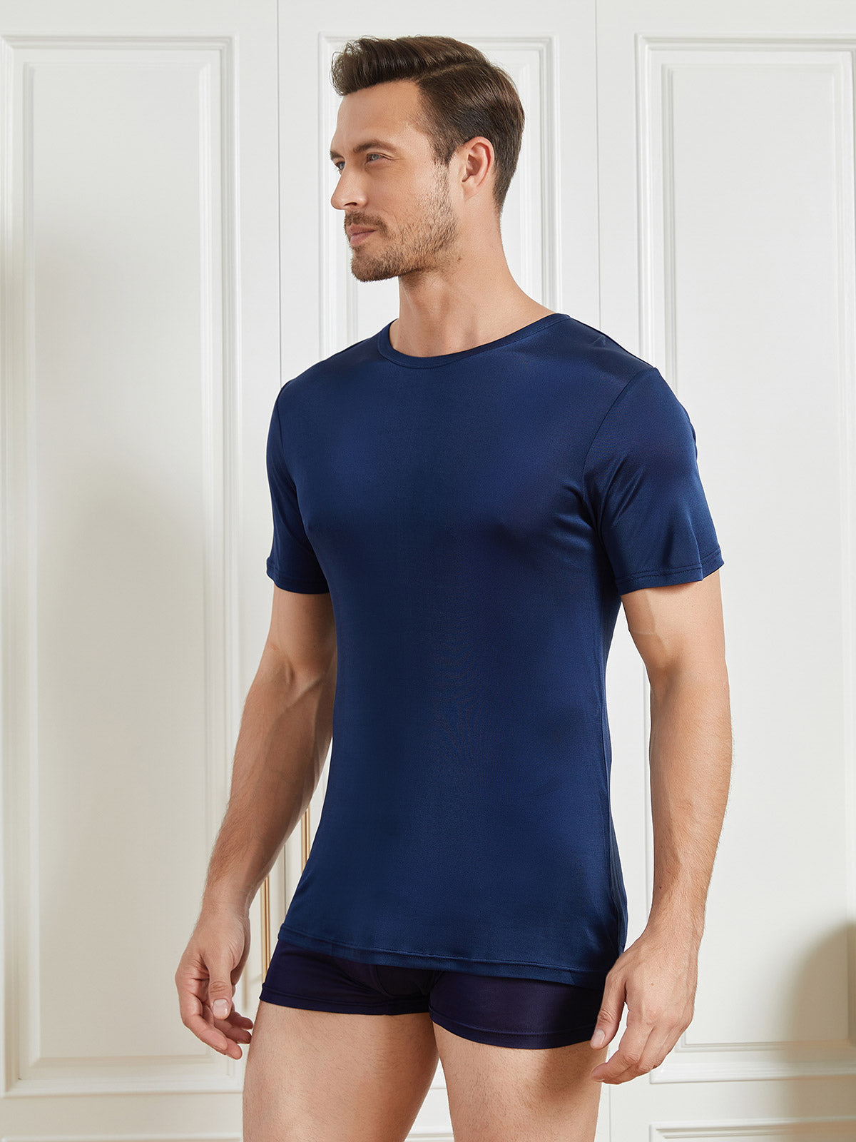 [Dark Blue] SilkSilky-CA Silk Knitted Short Sleeve Round Neck Men's T-Shirt 003