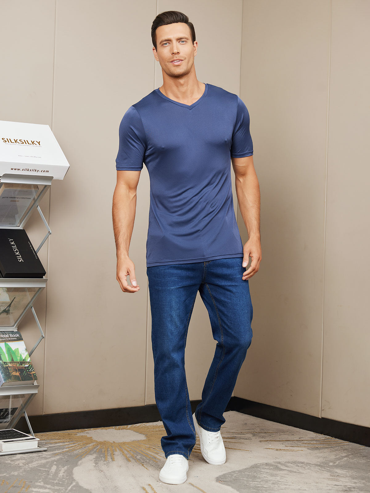 [Dark Blue] SilkSilky-CA Silk Knitted Short Sleeve V Neck Men's T-Shirt 005
