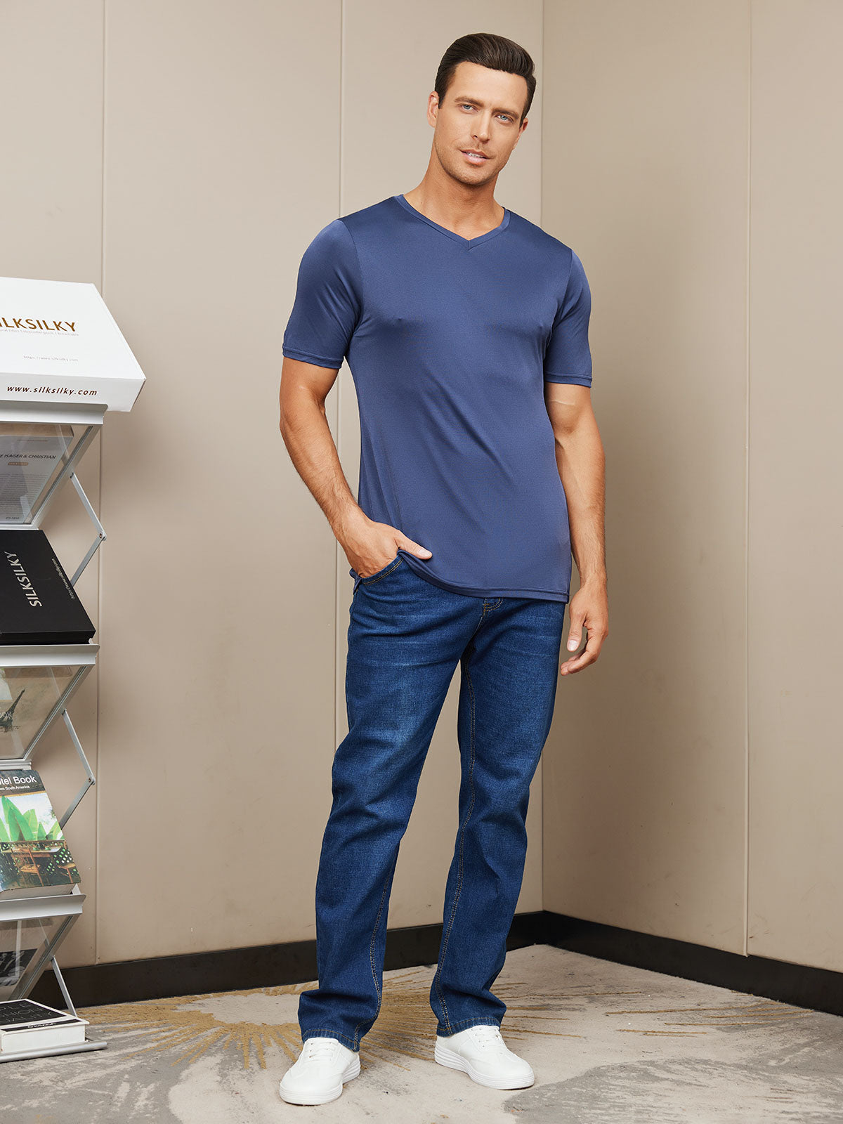 [Dark Blue] SilkSilky-CA Silk Knitted Short Sleeve V Neck Men's T-Shirt 006