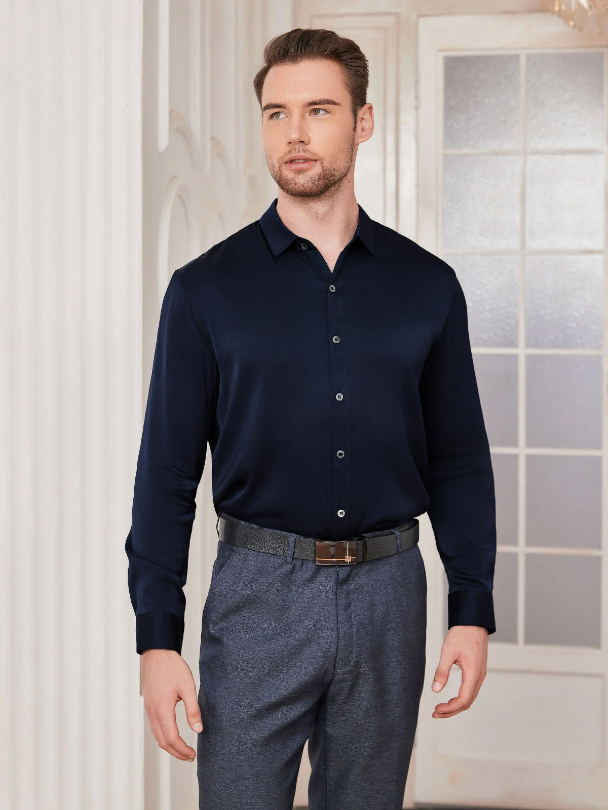 [Dark Blue] SilkSilky-CA Silk Long Sleeve Collar Men's Shirt 004