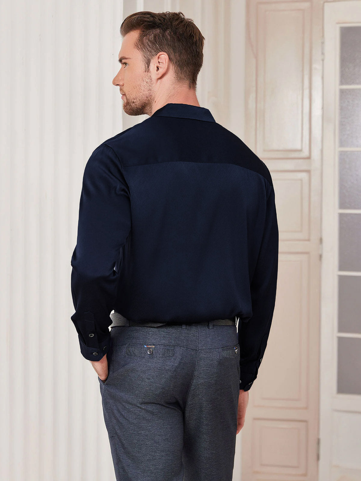 [Dark Blue] SilkSilky-CA Silk Long Sleeve Collar Men's Shirt 005