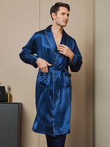 [Dark Blue] SilkSilky-CA 19Momme Pure Silk Long Sleeve Mens Robe 001