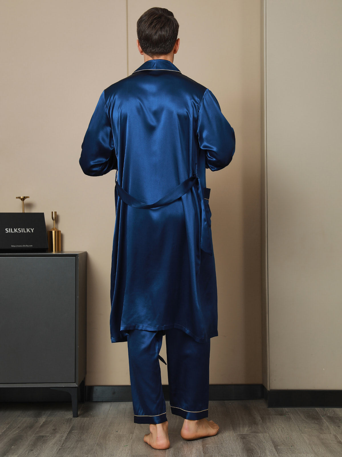 [Dark Blue] SilkSilky-CA 19Momme Pure Silk Long Sleeve Mens Robe 002