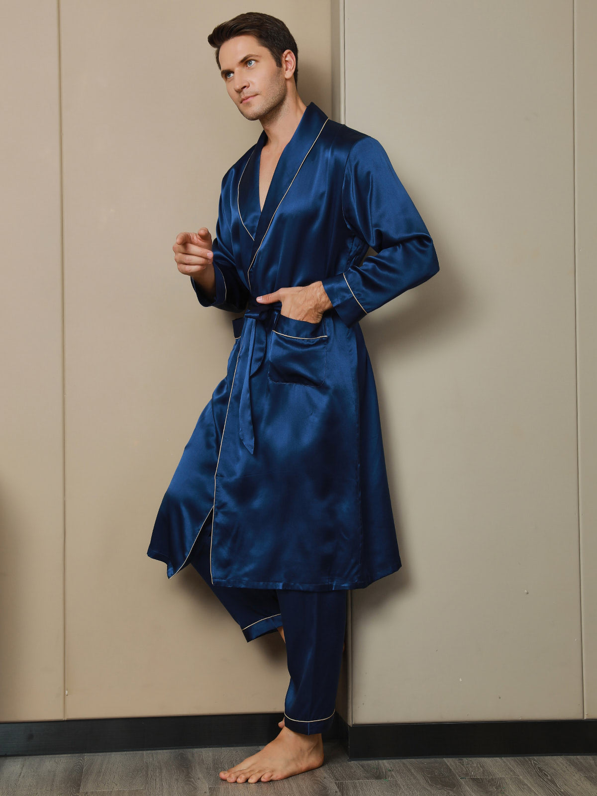 [Dark Blue] SilkSilky-CA 19Momme Pure Silk Long Sleeve Mens Robe 005