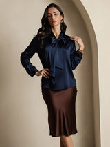 [Dark Blue] SilkSilky-CA 19Momme Stretch Silk Charmeuse Long Sleeve Tie Neck Blouse 001