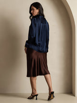 [Dark Blue] SilkSilky-CA 19Momme Stretch Silk Charmeuse Long Sleeve Tie Neck Blouse 002