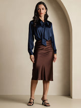 [Dark Blue] SilkSilky-CA 19Momme Stretch Silk Charmeuse Long Sleeve Tie Neck Blouse 007
