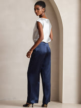 [Dark Blue] SilkSilky-CA 19Momme Stretch Silk Charmeuse Women's Pants 002