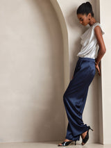 [Dark Blue] SilkSilky-CA 19Momme Stretch Silk Charmeuse Women's Pants 007