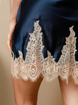 [Dark Blue] SilkSilky-CA 3/4 Sleeve V Neck Nightgown&Robe Set 010