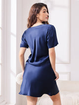 [Dark Blue] SilkSilky-CA Short Sleeve V Neck Nightgown 002