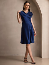 [Dark Blue] SilkSilky-CA Cap Sleeve V Neck Dress 003