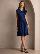 [Dark Blue] SilkSilky-CA Cap Sleeve V Neck Dress 004