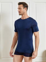 [Dark Blue] SilkSilky-CA 100% Silk Jersey Short Sleeve Crew Neck Men's T-Shirt 003