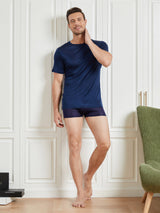 [Dark Blue] SilkSilky-CA 100% Silk Jersey Short Sleeve Crew Neck Men's T-Shirt 004