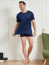 [Dark Blue] SilkSilky-CA 100% Silk Jersey Short Sleeve Crew Neck Men's T-Shirt 006