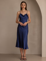 [Dark Blue] SilkSilky-CA Spaghetti Strap Cowl Neck Dress 004