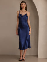 [Dark Blue] SilkSilky-CA Spaghetti Strap Cowl Neck Dress 005