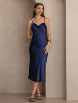 [Dark Blue] SilkSilky-CA Spaghetti Strap Cowl Neck Dress 006