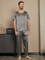 [Dark Gray] SilkSilky-CA Pure Silk Short Sleeve Round Neck Men's Pajamas 001