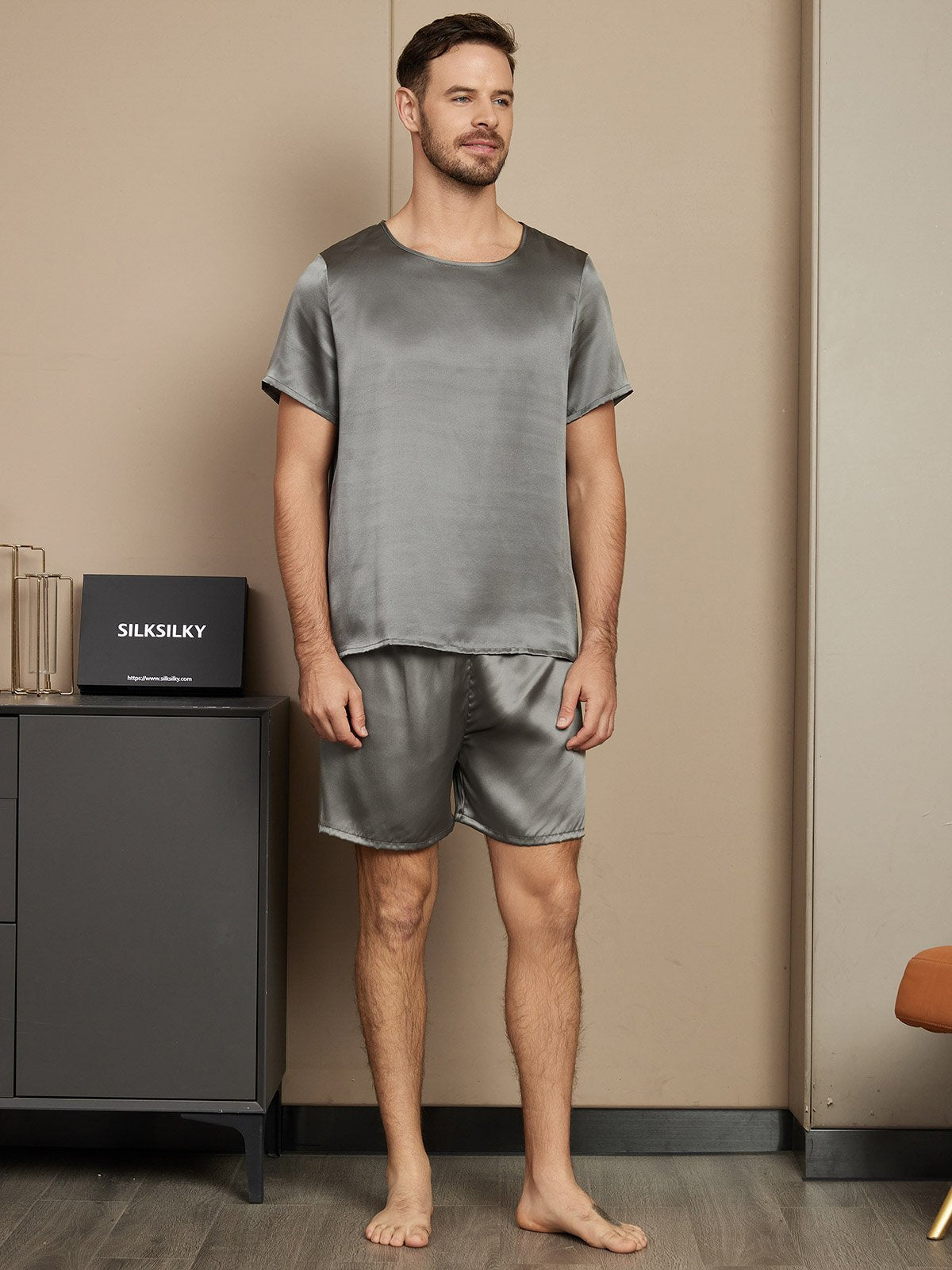[Dark Gray] SilkSilky-CA Pure Silk Short Sleeve Round Neck Men's Pajamas 001