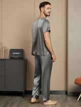 [Dark Gray] SilkSilky-CA Pure Silk Short Sleeve Round Neck Men's Pajamas 002