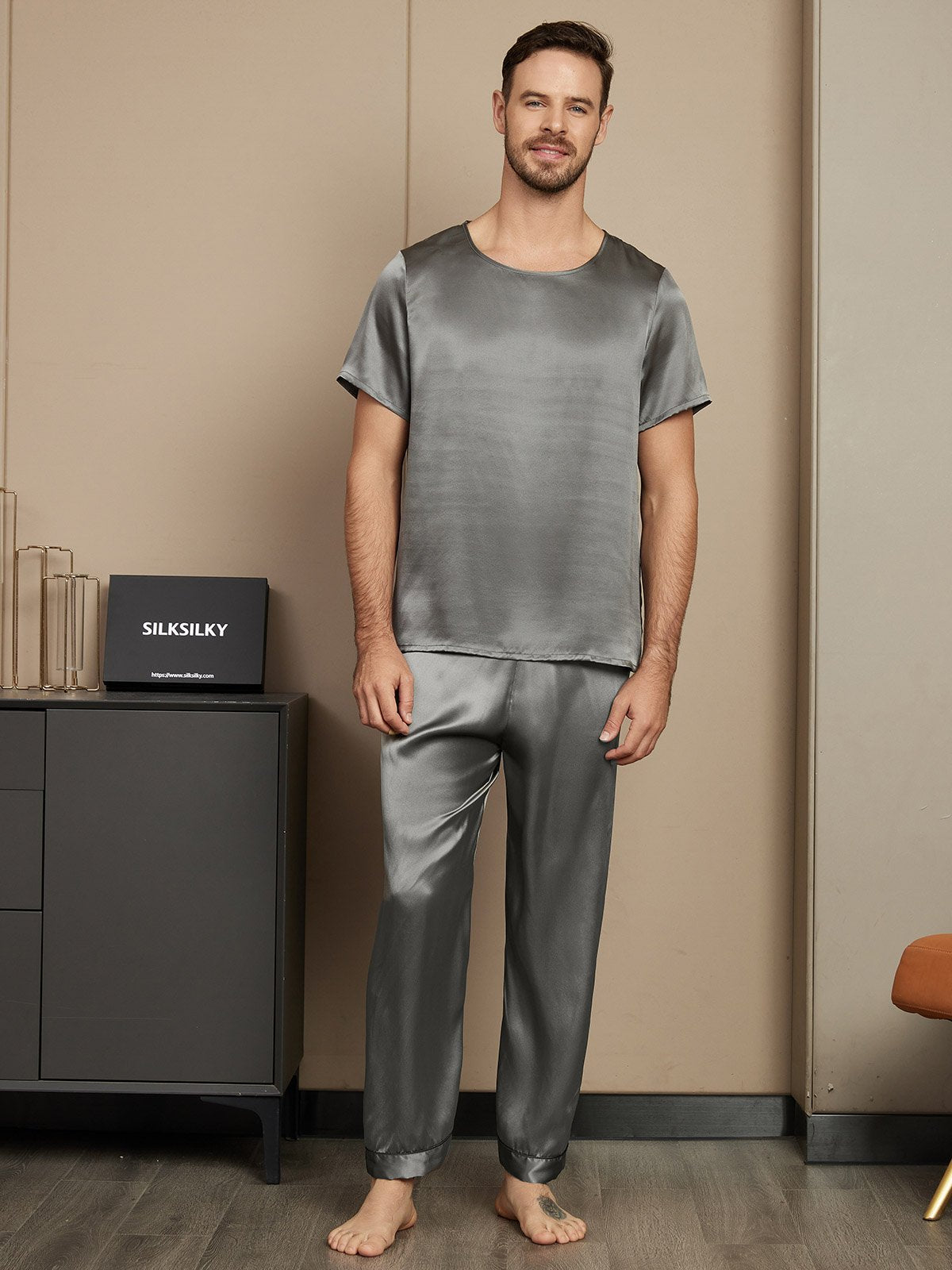 [Dark Gray] SilkSilky-CA Pure Silk Short Sleeve Round Neck Men's Pajamas 003