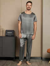 [Dark Gray] SilkSilky-CA Pure Silk Short Sleeve Round Neck Men's Pajamas 003