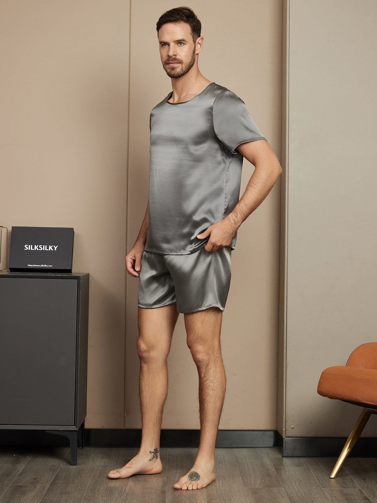 [Dark Gray] SilkSilky-CA Pure Silk Short Sleeve Round Neck Men's Pajamas 003