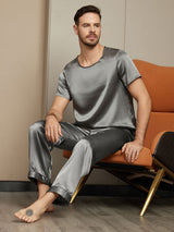 [Dark Gray] SilkSilky-CA Pure Silk Short Sleeve Round Neck Men's Pajamas 004