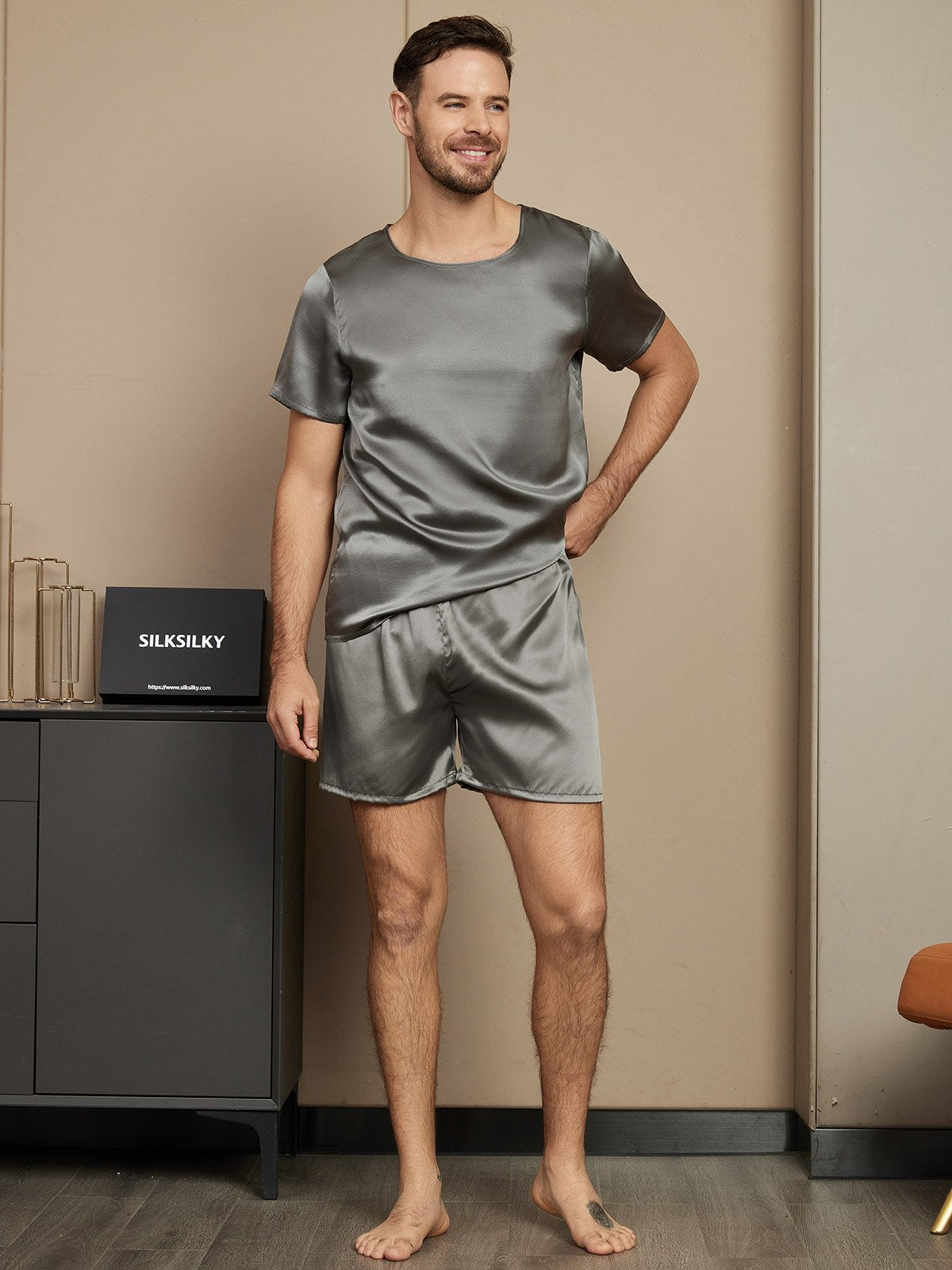 [Dark Gray] SilkSilky-CA Pure Silk Short Sleeve Round Neck Men's Pajamas 004