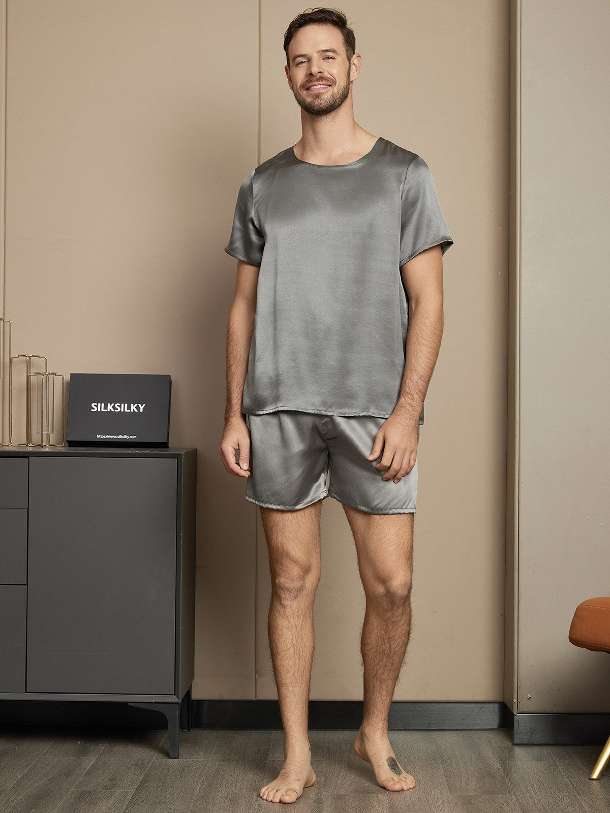 [Dark Gray] SilkSilky-CA Pure Silk Short Sleeve Round Neck Men's Pajamas 005