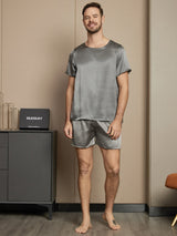 [Dark Gray] SilkSilky-CA Pure Silk Short Sleeve Round Neck Men's Pajamas 005