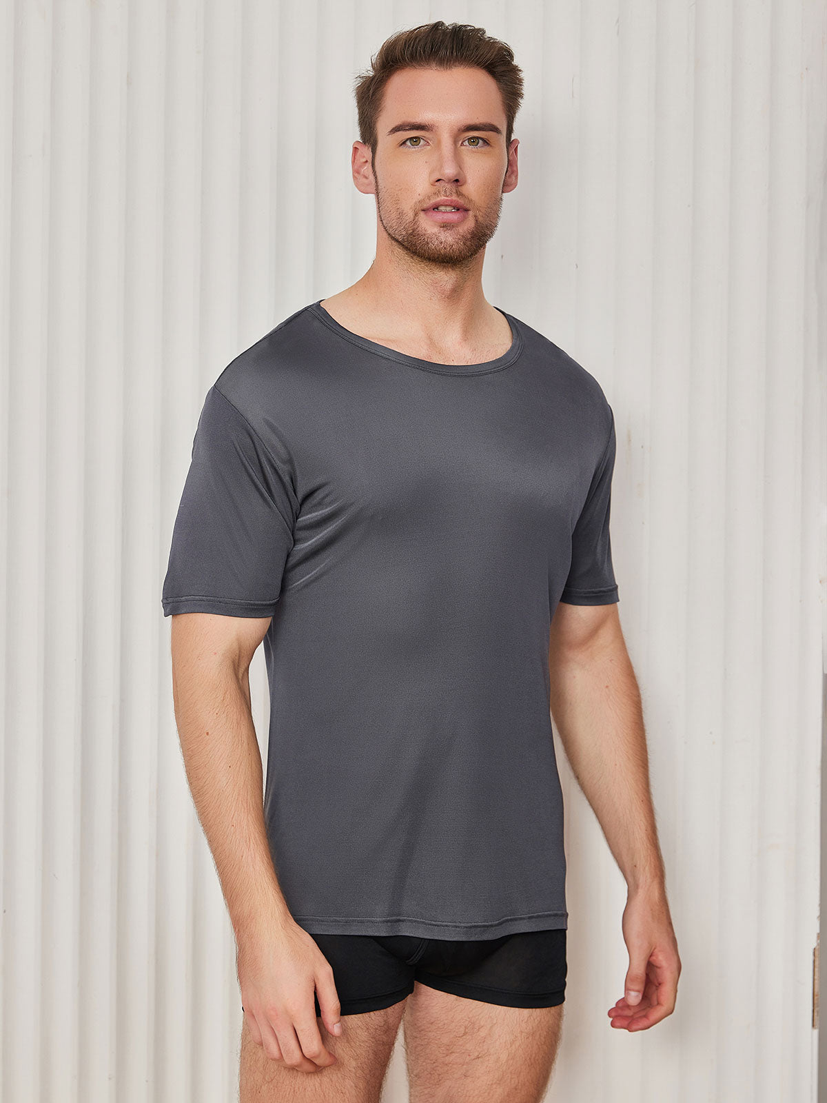 [Dark Gray] SilkSilky-CA Silk Knitted Short Sleeve Round Neck Men's T-Shirt 001