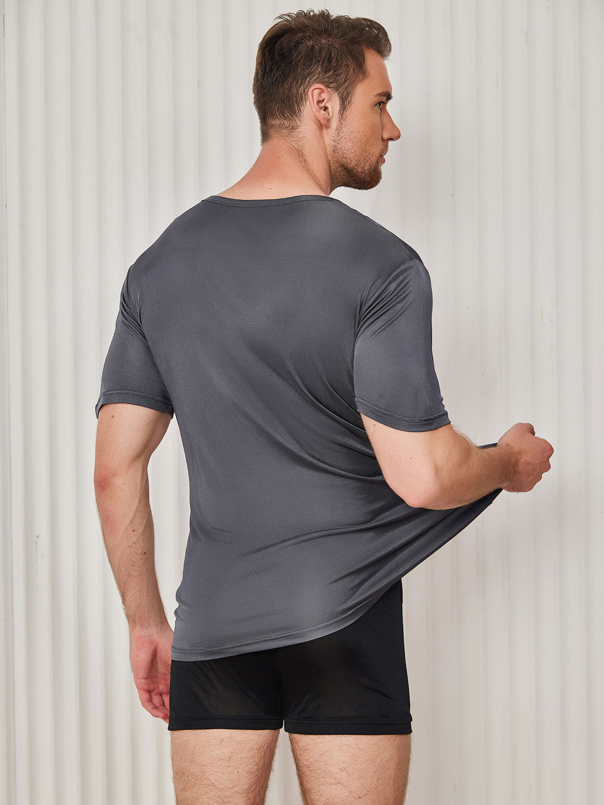 [Dark Gray] SilkSilky-CA Silk Knitted Short Sleeve Round Neck Men's T-Shirt 002