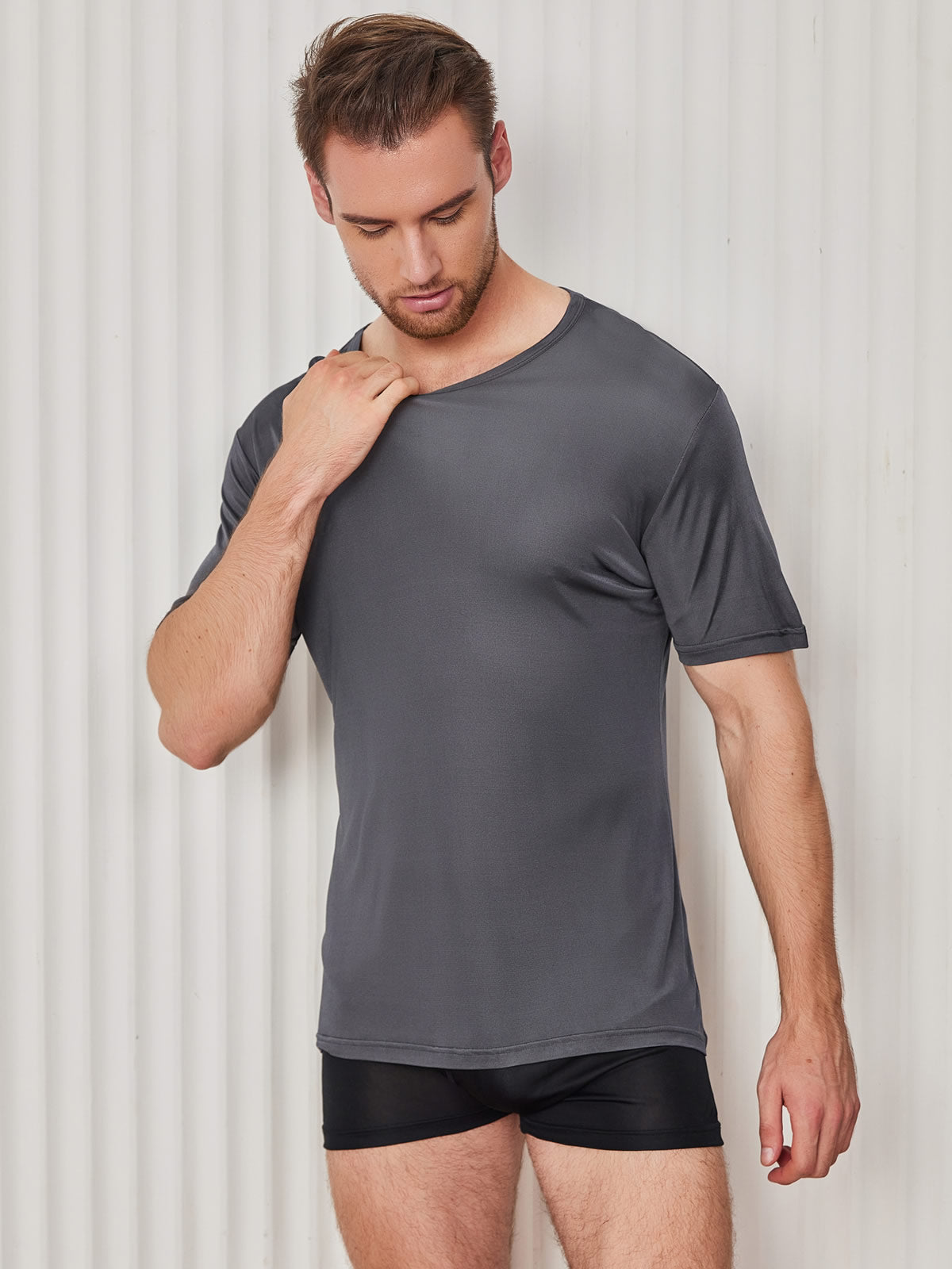 [Dark Gray] SilkSilky-CA Silk Knitted Short Sleeve Round Neck Men's T-Shirt 003