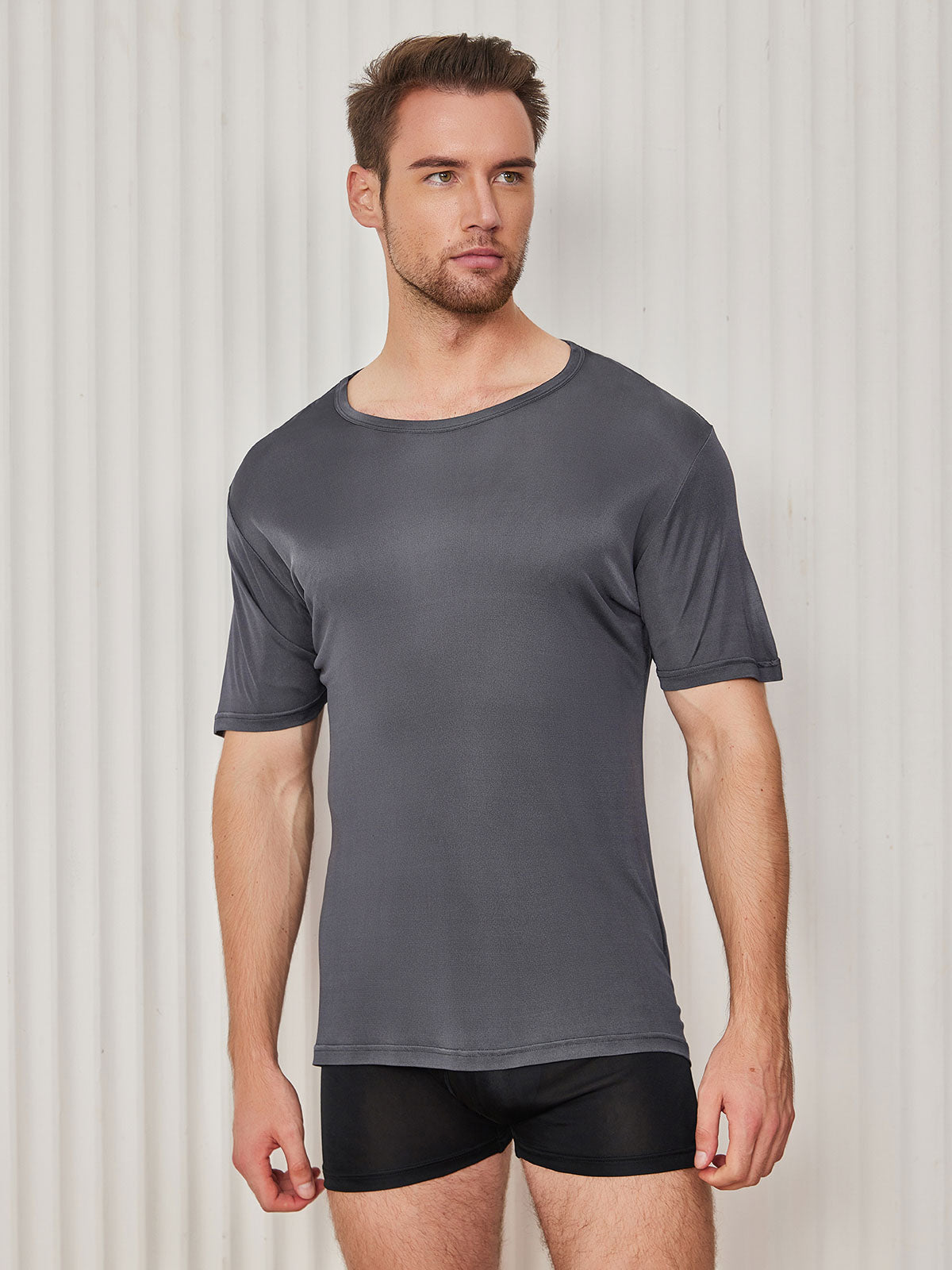 [Dark Gray] SilkSilky-CA Silk Knitted Short Sleeve Round Neck Men's T-Shirt 004