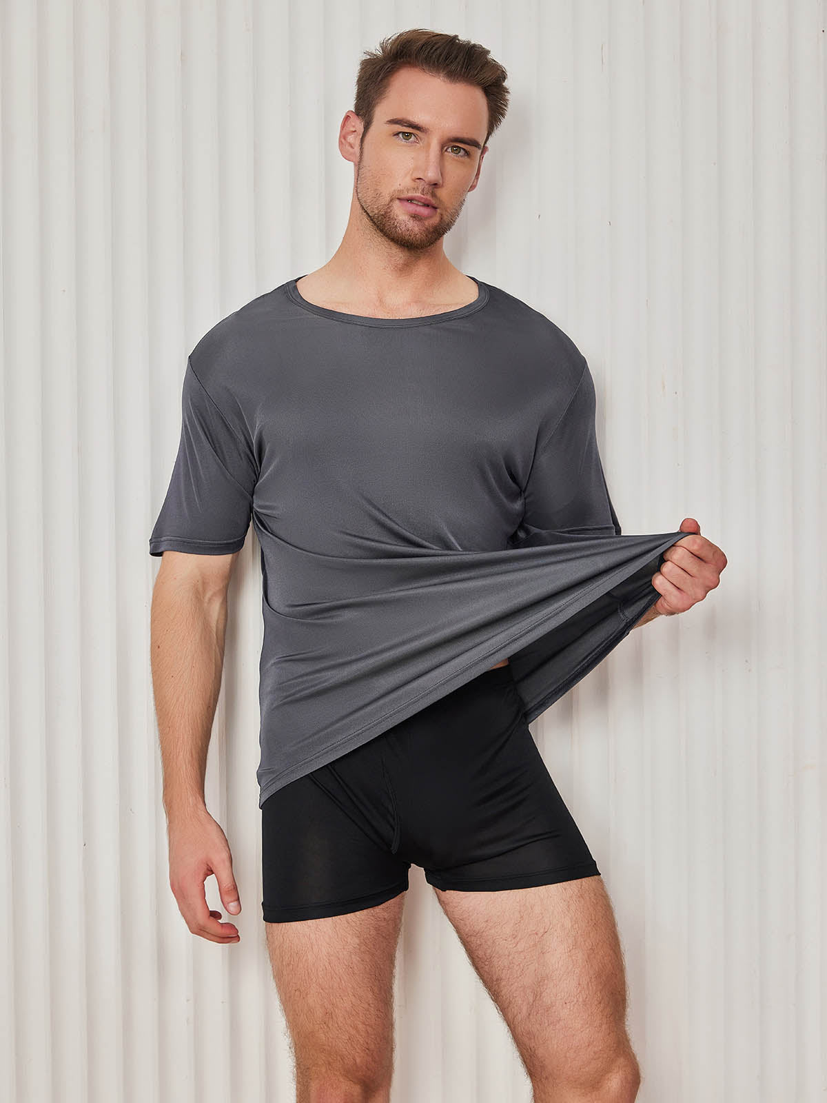 [Dark Gray] SilkSilky-CA Silk Knitted Short Sleeve Round Neck Men's T-Shirt 005