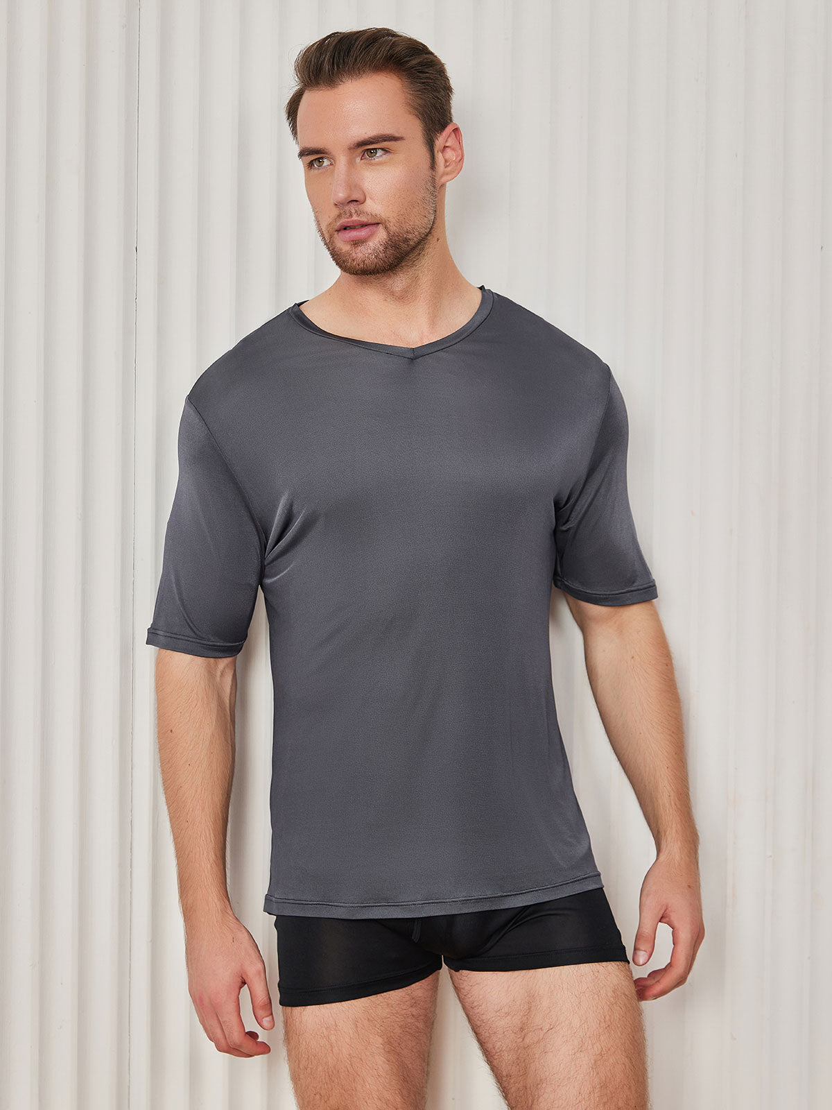 [Dark Gray] SilkSilky-CA Silk Knitted Short Sleeve V Neck Men's T-Shirt 001