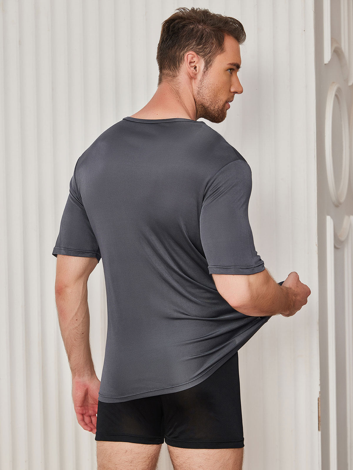 [Dark Gray] SilkSilky-CA Silk Knitted Short Sleeve V Neck Men's T-Shirt 002