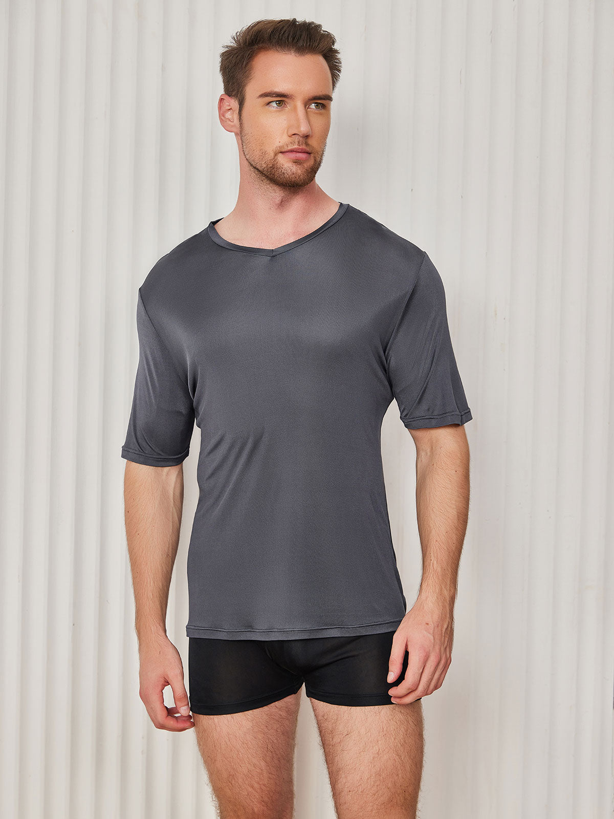 [Dark Gray] SilkSilky-CA Silk Knitted Short Sleeve V Neck Men's T-Shirt 003