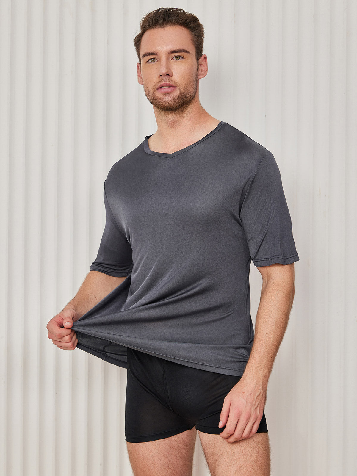 [Dark Gray] SilkSilky-CA Silk Knitted Short Sleeve V Neck Men's T-Shirt 004