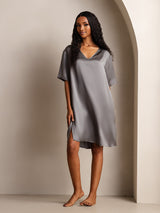 [Dark Gray] SilkSilky-CA Half Sleeve V Neck Nightgown 001