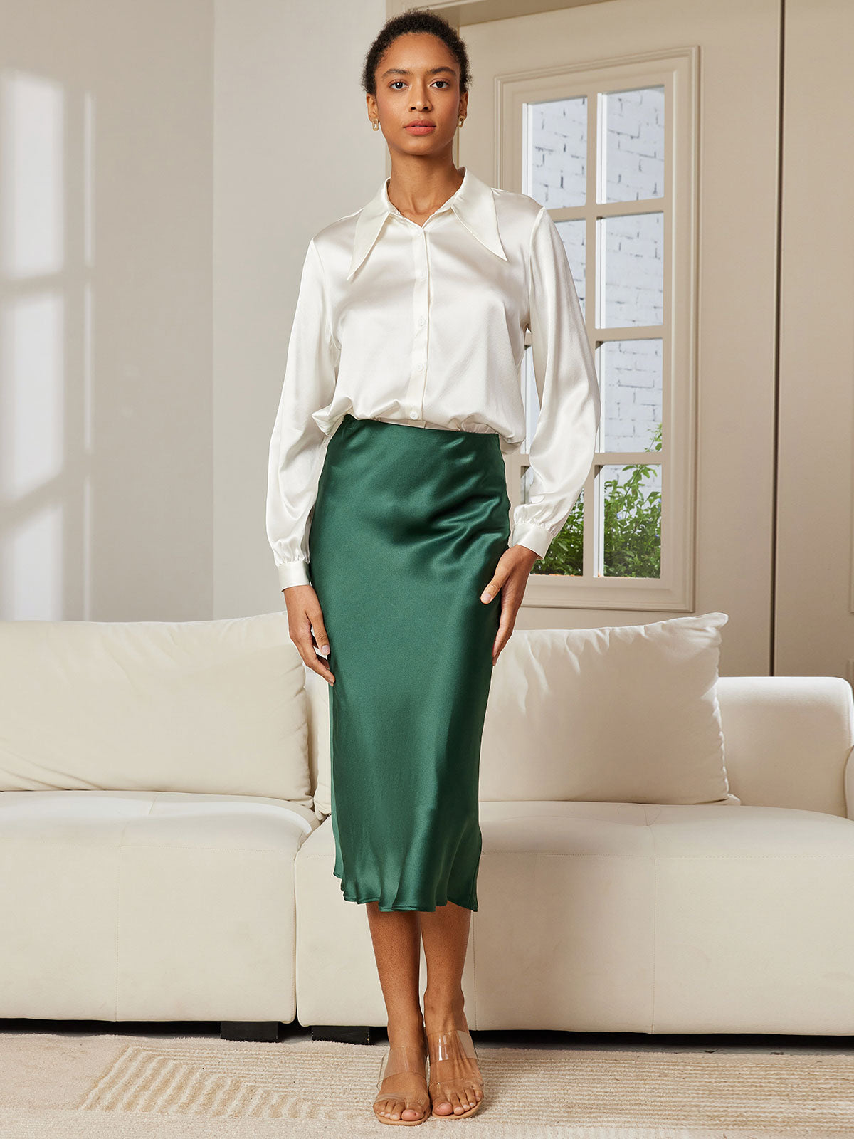 [Dark Green] SilkSilky-CA 19Momme Pure Silk Skirt 004