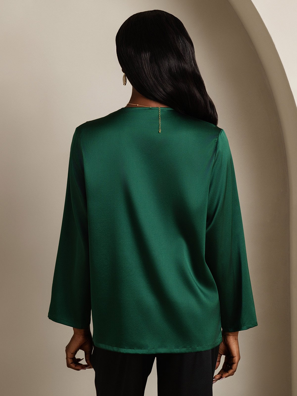 [Dark Green] SilkSilky-CA 19Momme Silk V Neck Women's Shirt 002