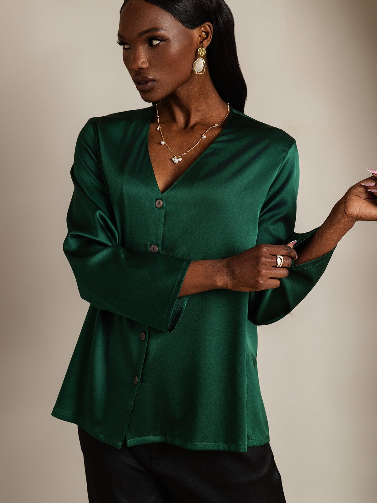 [Dark Green] SilkSilky-CA 19Momme Silk V Neck Women's Shirt 003