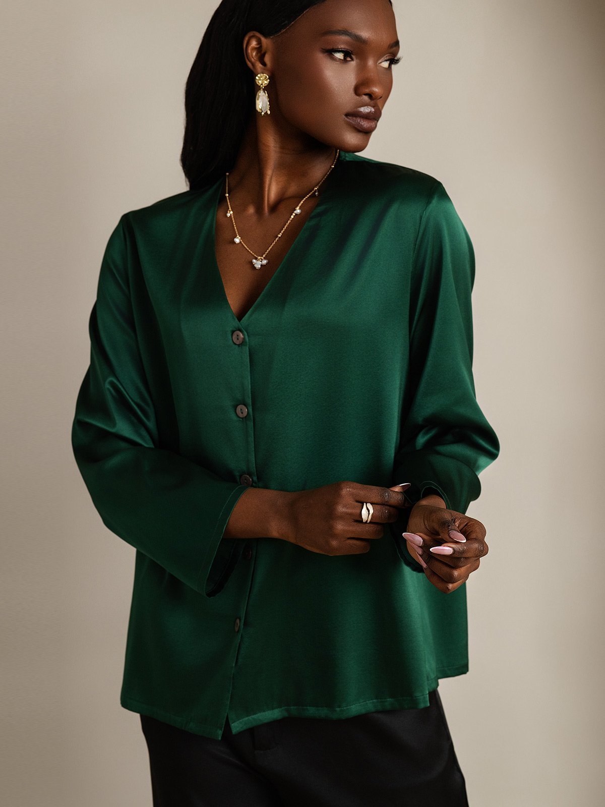 [Dark Green] SilkSilky-CA 19Momme Silk V Neck Women's Shirt 004