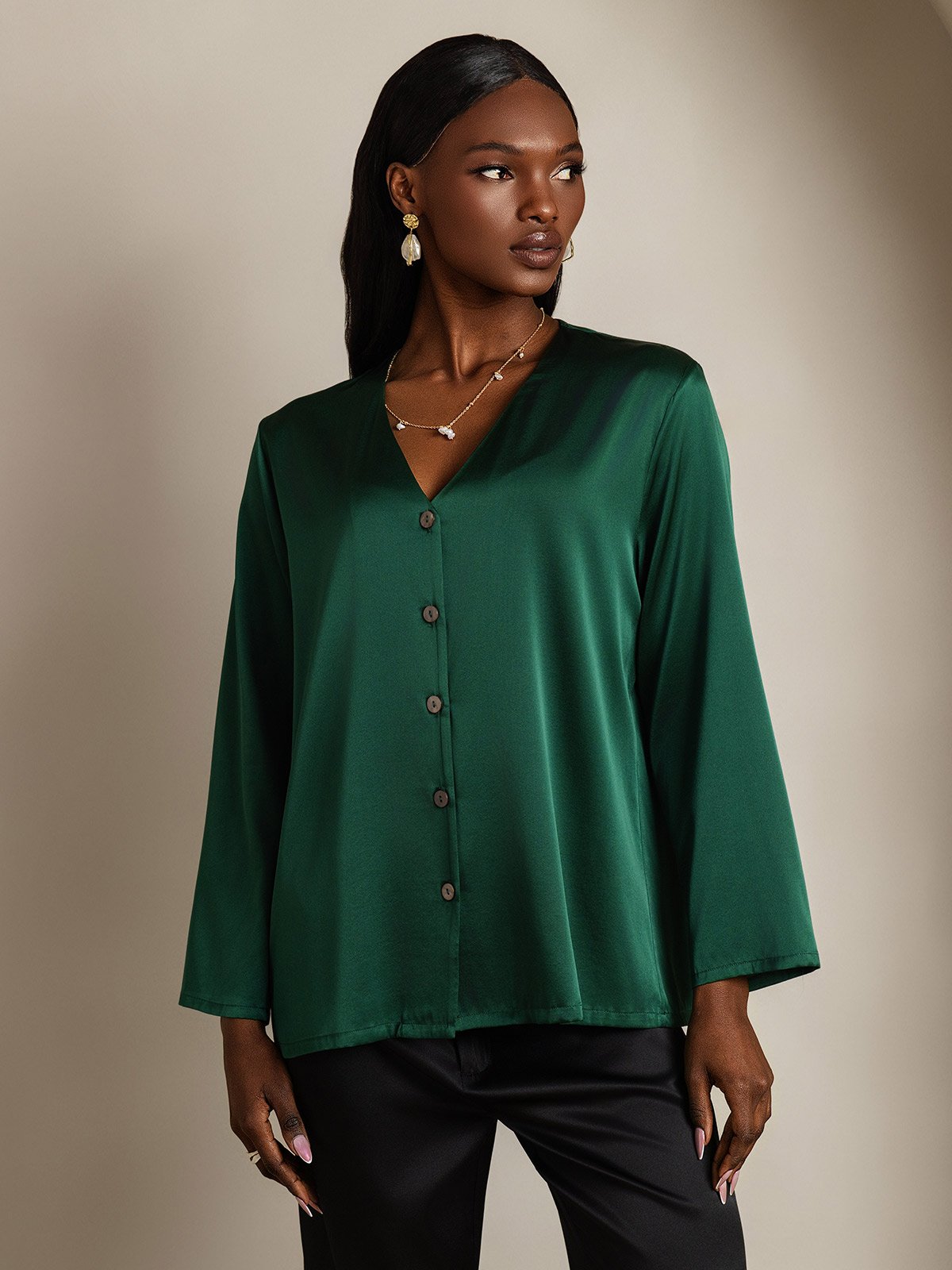 [Dark Green] SilkSilky-CA 19Momme Silk V Neck Women's Shirt 005