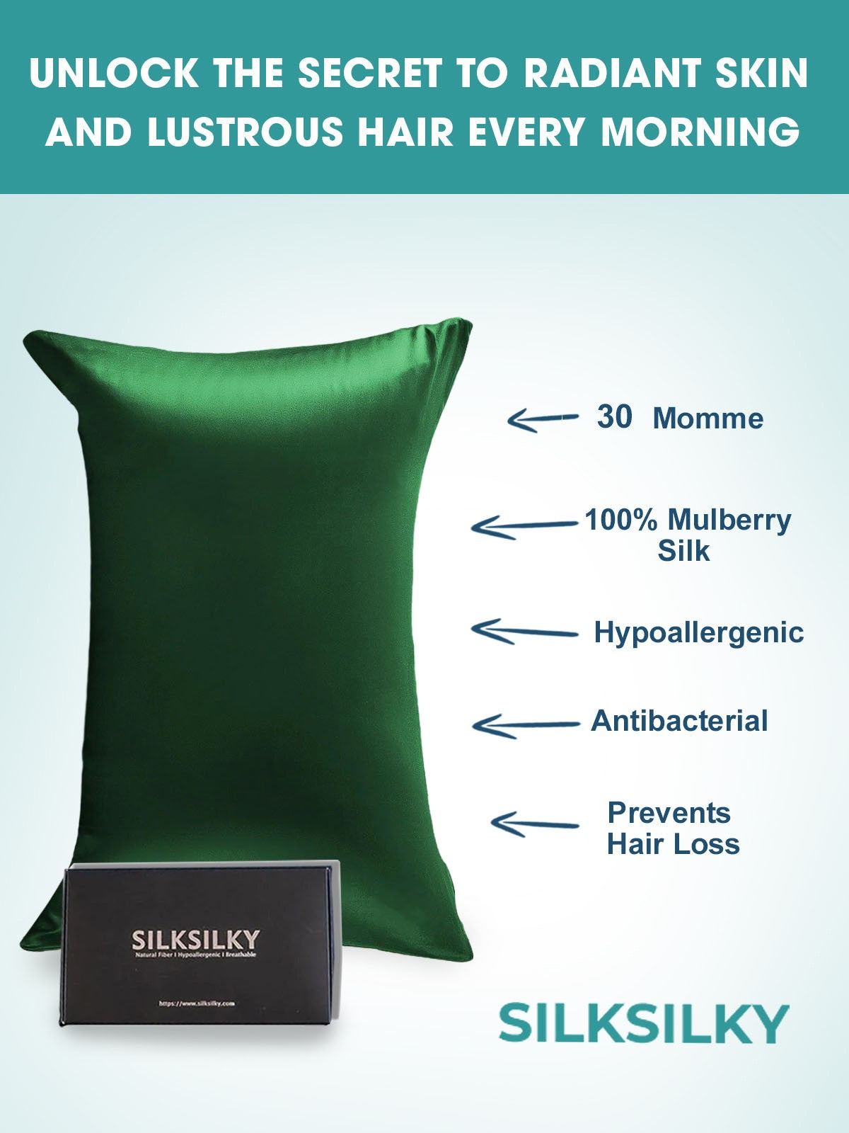 [Dark Green] SilkSilky-CA 30Momme Pure Silk Pillowcase 003